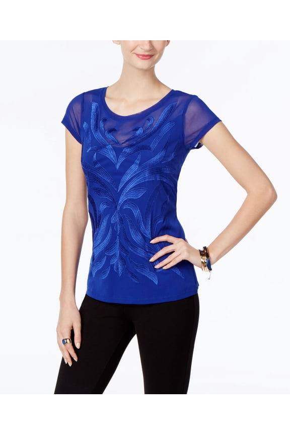 Petite Embroidered Illusion Top Goddess Blue PS
