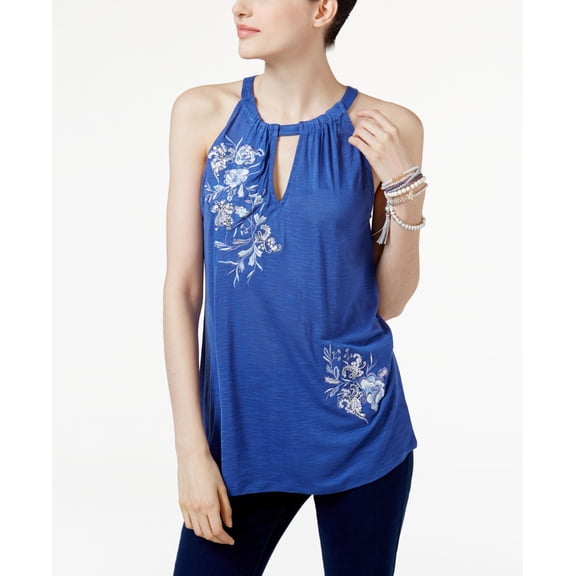 INC International Concepts Petite Embroidered Keyhole Top Sail Blue PS