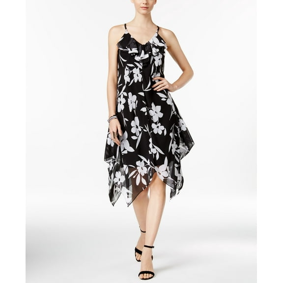INC International Concepts Petite Floral Print Handkerchief Hem Dress Blackwhite 6P