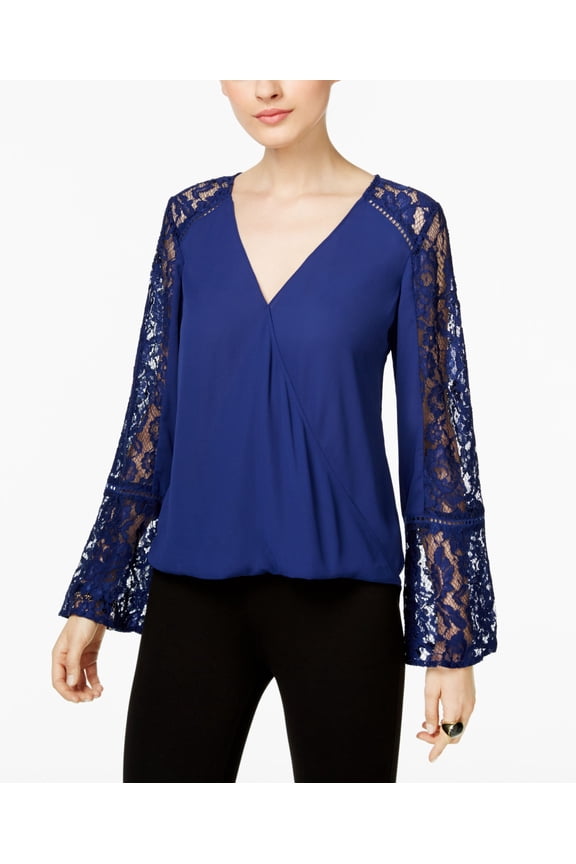 Petite Lace Trim Surplice Top Tartan Blue PL
