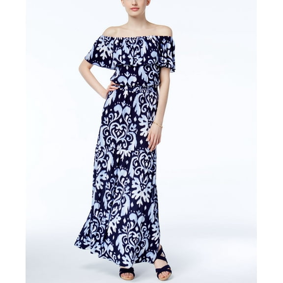 INC International Concepts Petite Off The Shoulder Printed Maxi Dress Harmonic Crest/ Dark Blue PXS