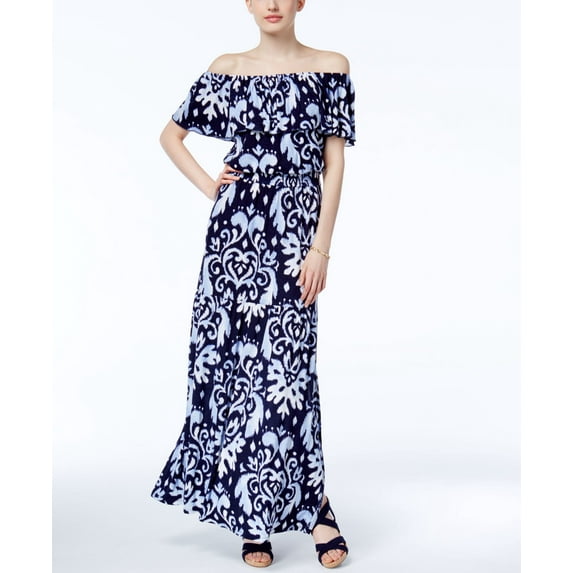 INC International Concepts Petite Off The Shoulder Printed Maxi Dress Harmonic Crest/ Dark Blue PXS