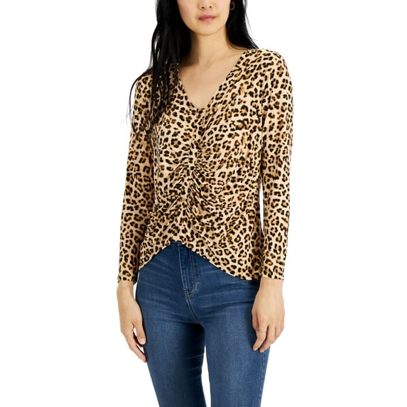 INC International Concepts Petite Print Ruched Top Classic Cheetah PS