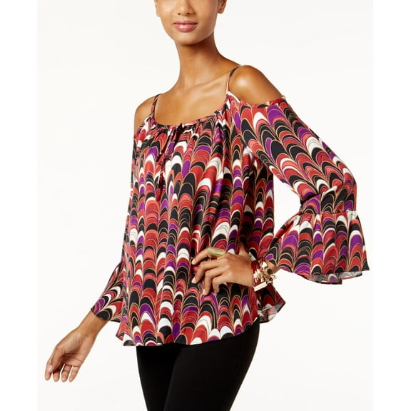 INC International Concepts Petite Printed Cold Shoulder Top Scallop Feather 10P