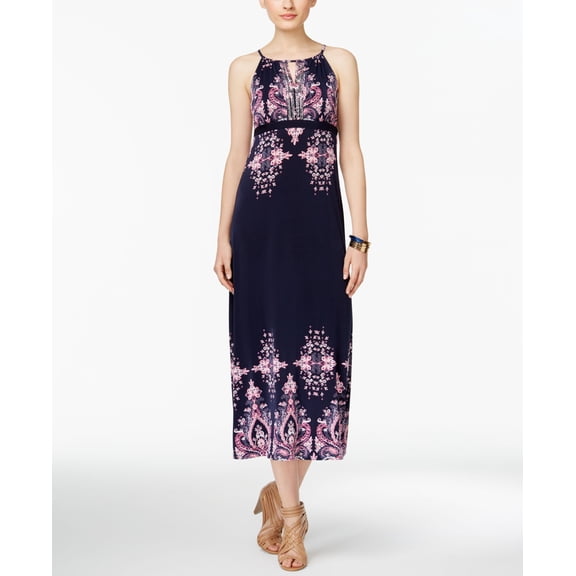 INC International Concepts Petite Printed Empire Waist Maxi Dress Navy Lantern Medallion PXS