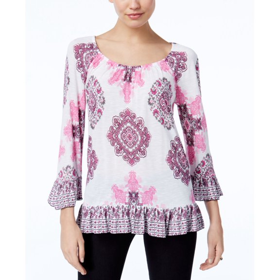 INC International Concepts Petite Printed Flounce Peasant Top Amazing Medallion PXL