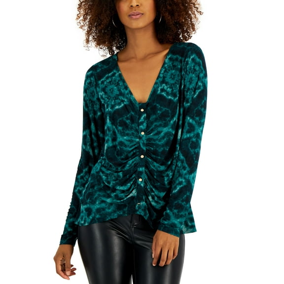 INC International Concepts Petite Printed Ruched Front Long Sleeve Top Dia Dye Emerald PS