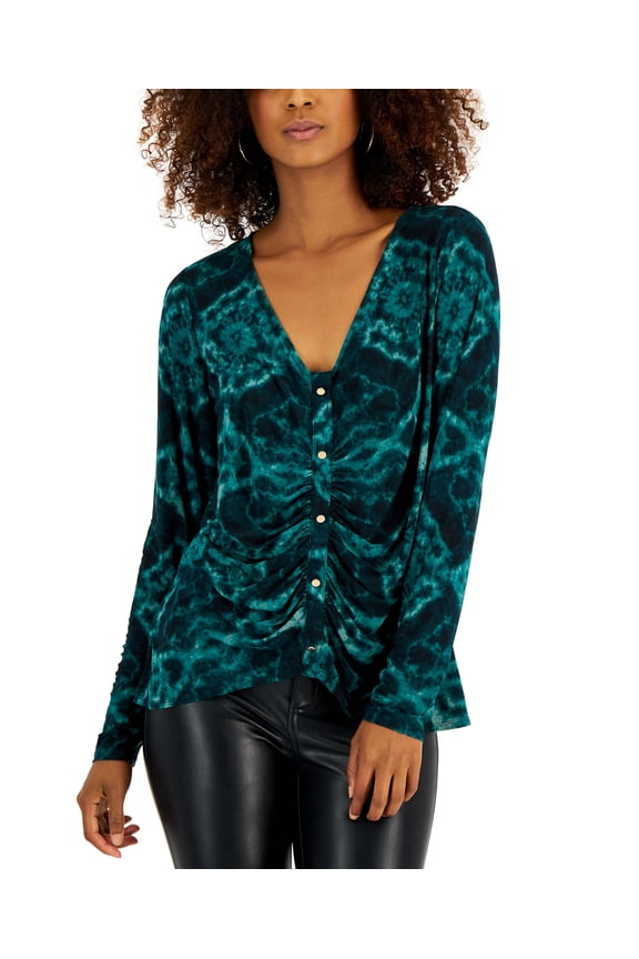 Petite Printed Ruched Front Long Sleeve Top Dia Dye Emerald PS