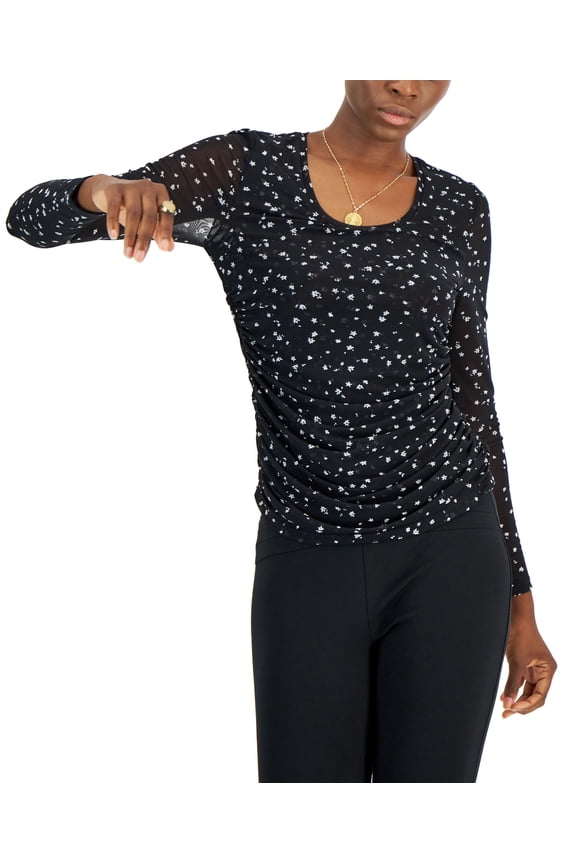 Petite Printed Side Ruched Mesh Top Ditsy Floral PL