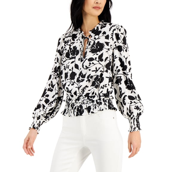 INC International Concepts Petite Printed Smocked Waist Peasant Blouse Deri Blooms PS