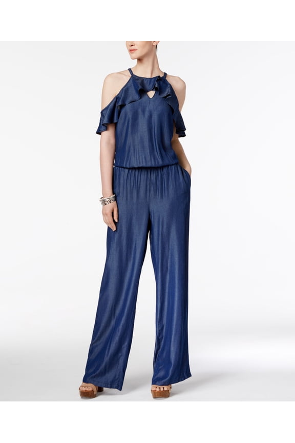 Petite Ruffled Cold Shoulder Jumpsuit Blue PL