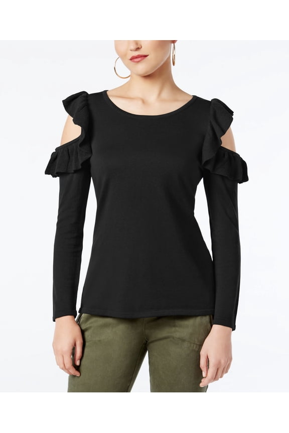 Petite Ruffled Cold Shoulder Sweater Deep Black PM