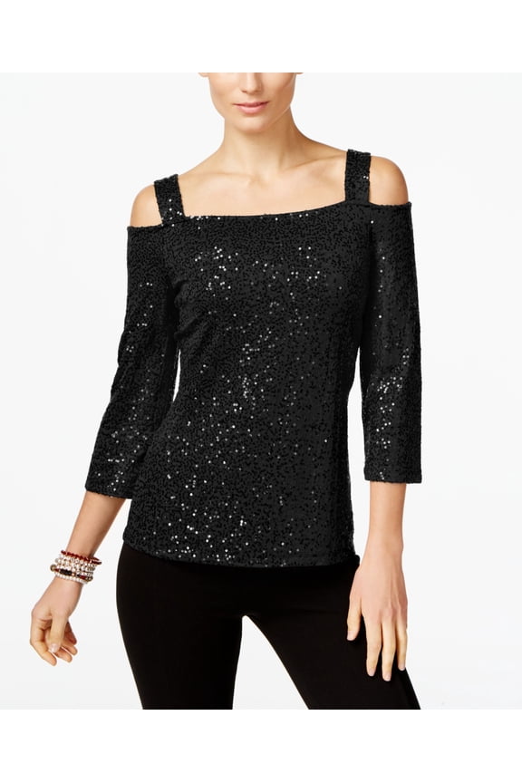Petite Sequined Cold Shoulder Top Deep Black PXS