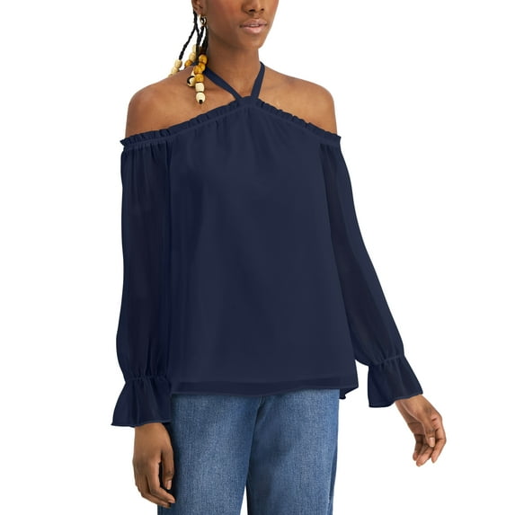 INC International Concepts Petite Solid Cold Shoulder Blouse Indigo Sea PL