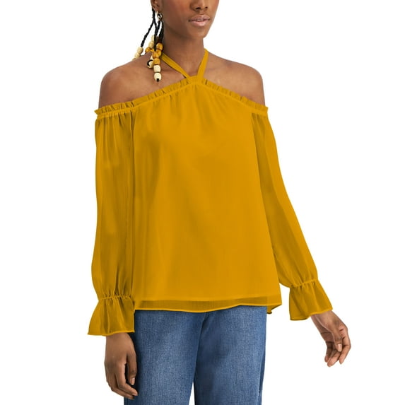 INC International Concepts Petite Solid Cold Shoulder Blouse Roasted Squash PS