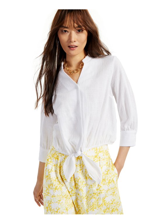 Petite Tie Waist Button Front Top Bright White PXS