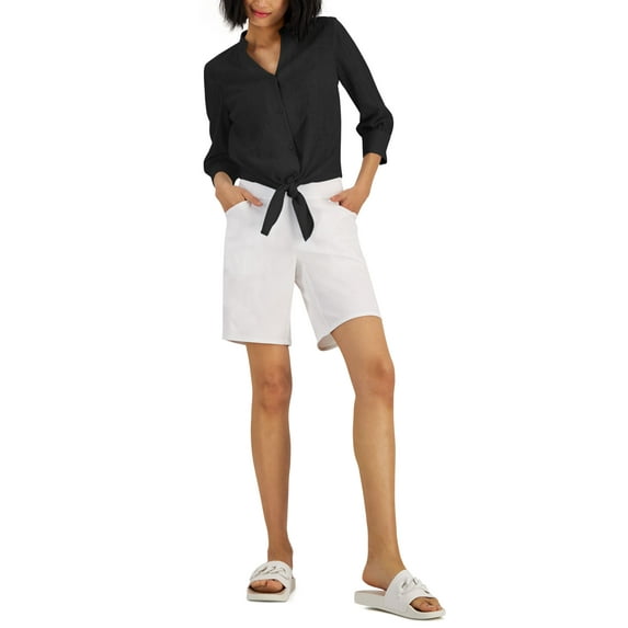 INC International Concepts Petite Tie Waist Button Front Top Deep Black PL