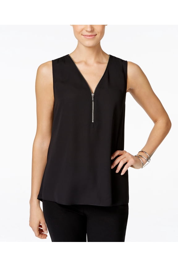 Petite Zip Front Knit Back Top Deep Black PS