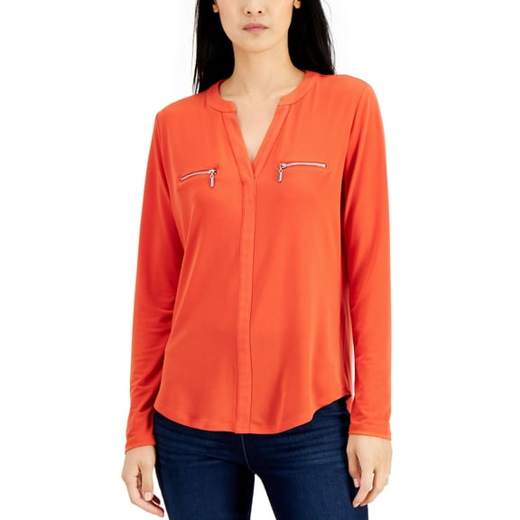 INC International Concepts Petite Zip Pocket Top Summer Fig PS