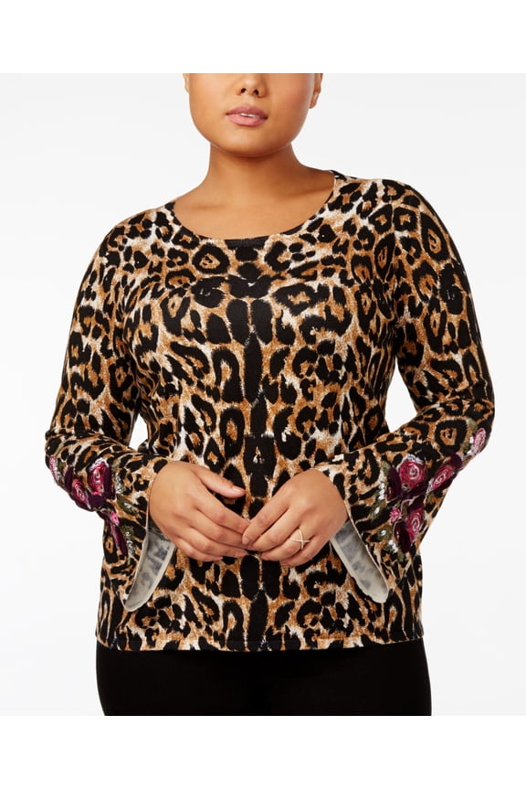 Plus Size Animal Print Bell Sleeve Sweater Heahter Ginger 1X