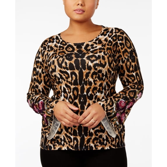 INC International Concepts Plus Size Animal Print Bell Sleeve Sweater Heahter Ginger 1X