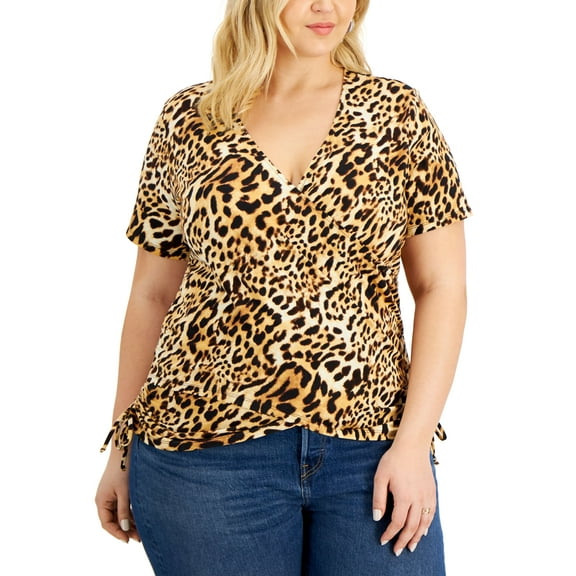 INC International Concepts Plus Size Animal Print Side Tie Cotton Top Caterina Cheetah 4X