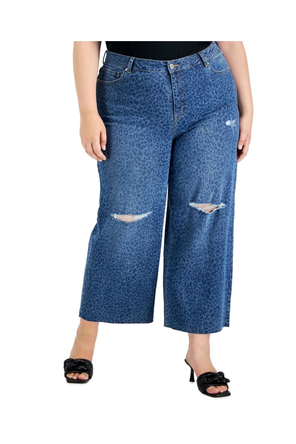 Plus Size Cheetah Print Destructed Wide Leg Jeans Medium Indigo 26W