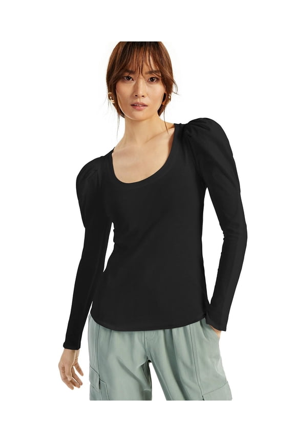 Plus Size Cotton Puff Sleeve Top Deep Black 2X