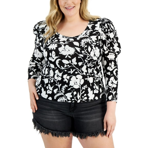 INC International Concepts Plus Size Cotton Puff Sleeve Top Deri Blooms 0X