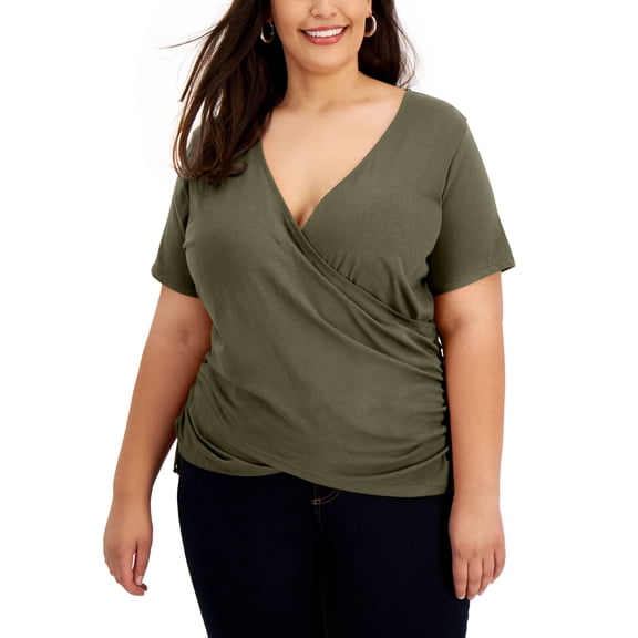 INC International Concepts Plus Size Cotton Side Ruched T-Shirt Burnt Olive 2X
