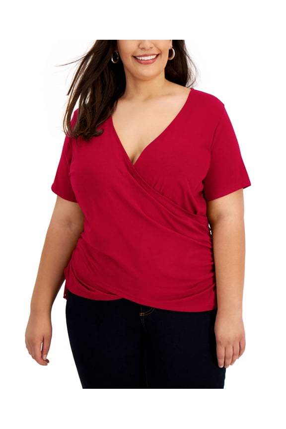 Plus Size Cotton Side Ruched T-Shirt Cherry Candy 0X