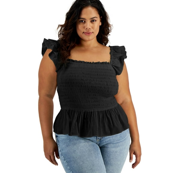 INC International Concepts Plus Size Cotton Smocked Ruffled Top Deep Black 4X