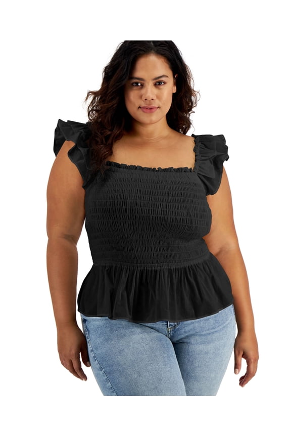 Plus Size Cotton Smocked Ruffled Top Deep Black 4X