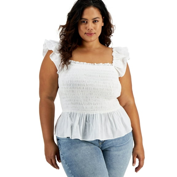 INC International Concepts Plus Size Cotton Smocked Ruffled Top Washed White 1X