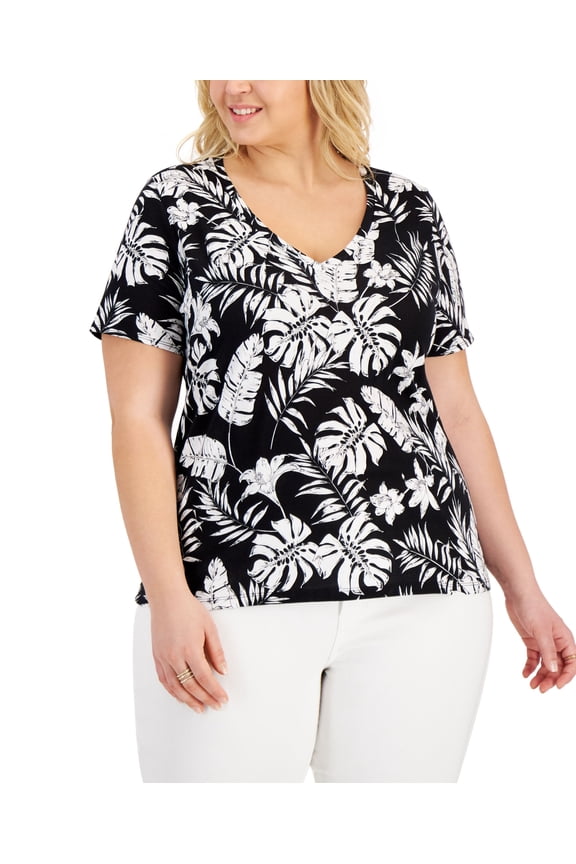 Plus Size Cotton V Neck Tee Tayler Tropical 3X