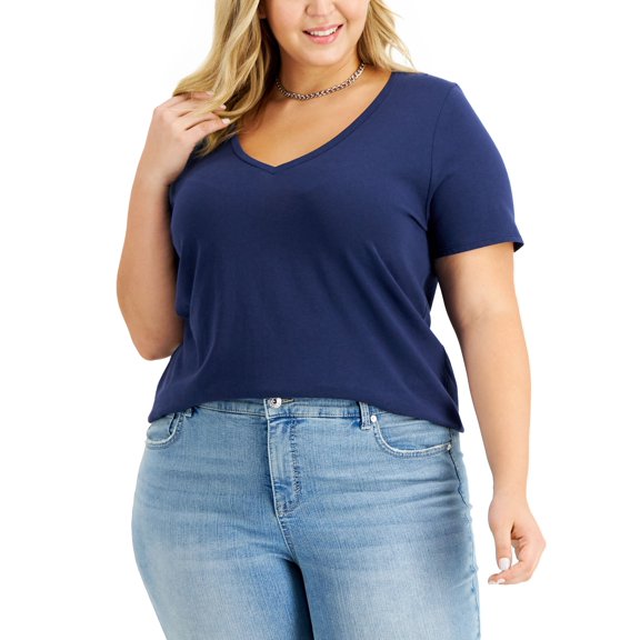 INC International Concepts Plus Size Cotton V Neck Top Indigo Sea 1X