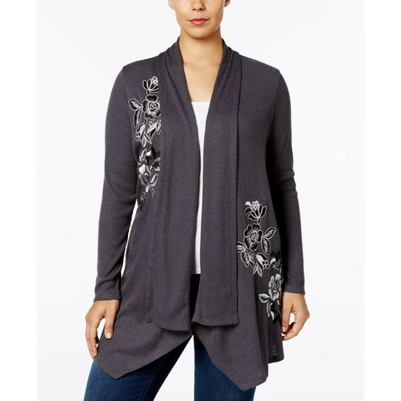 INC International Concepts Plus Size Embroidered Open Cardigan Charcoal 1X