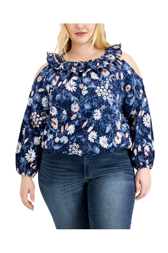 Plus Size Floral Print Ruffled Cold Shoulder Top Kartika Floral 2X