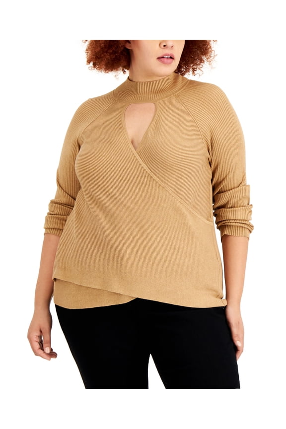 Plus Size Keyhole Turtleneck Wrap Sweater Heather Ginger 1X