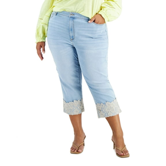 INC International Concepts Plus Size Lace Cuff Cropped Jeans Light Indigo 24W