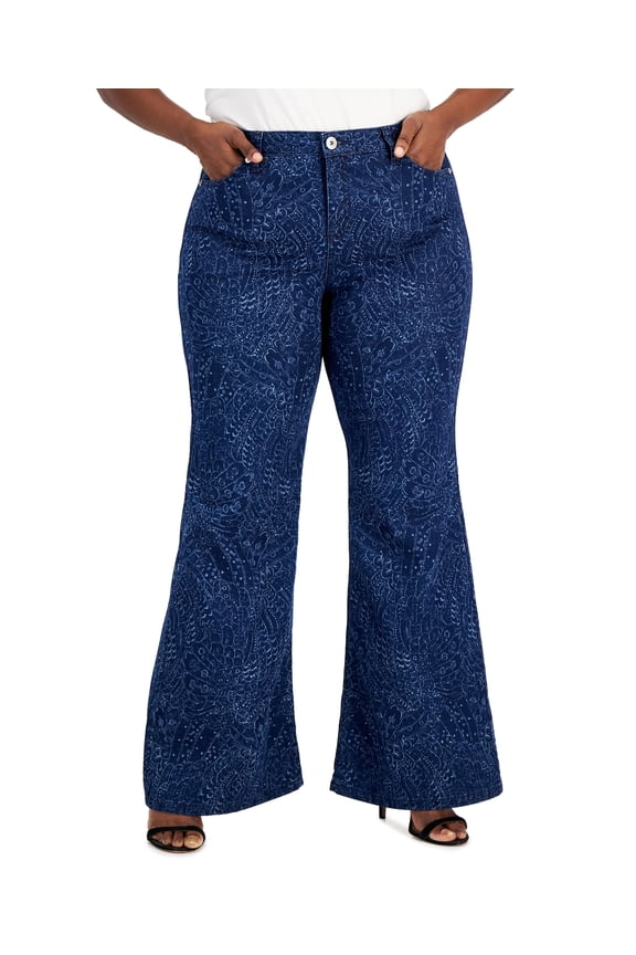 Plus Size Laser Print Flare Leg Jeans Medium Indigo 16W