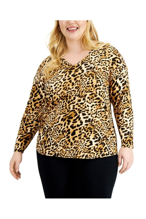 Plus Size Leopard Print V Neck Tunic Caterina Cheetah 0X