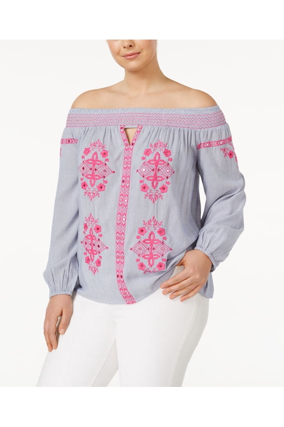 Plus Size Off The Shoulder Peasant Top Blue Embroidered 2X