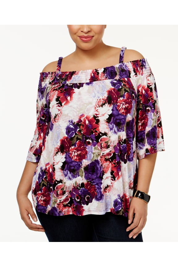 Plus Size Off The Shoulder Peasant Top  Multi Red Rose Shower 0X
