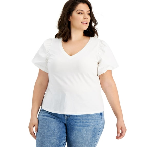INC International Concepts Plus Size Poplin Sleeve V Neck Top Washed White 1X