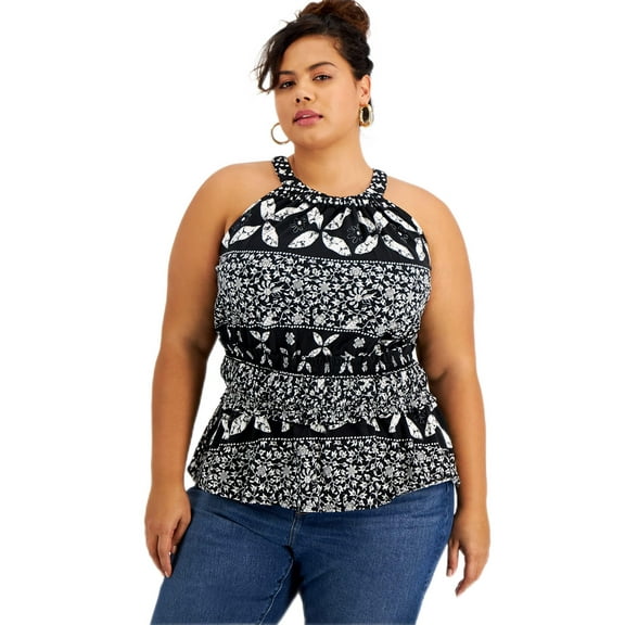 INC International Concepts Plus Size Printed Gathered Waist Halter Top Tika Patch 0X