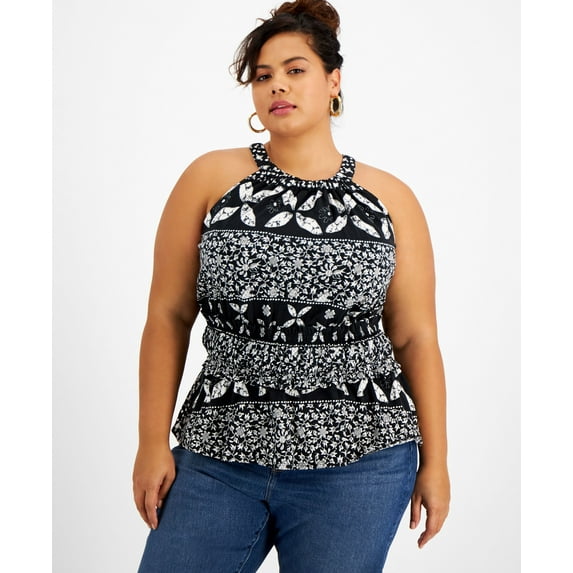 INC International Concepts Plus Size Printed Gathered Waist Halter Top Tika Patch 1X