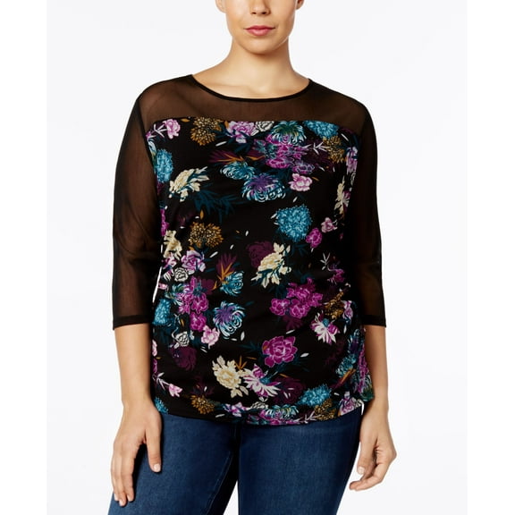 INC International Concepts Plus Size Printed Illusion Top Black 11