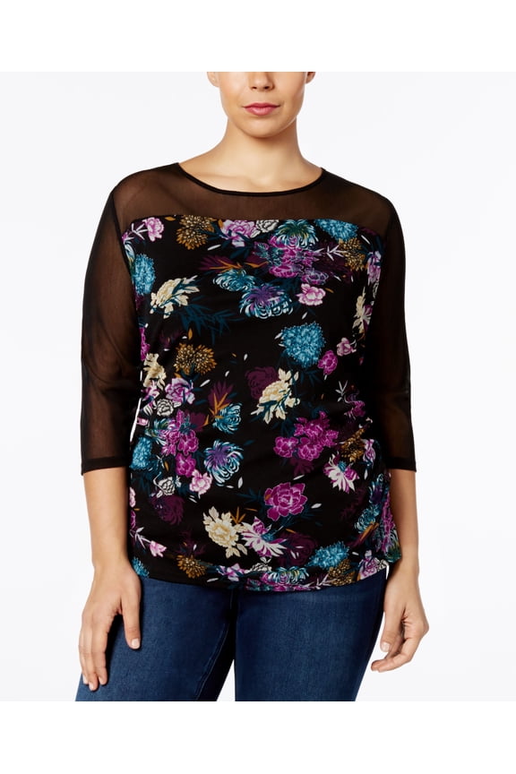 Plus Size Printed Illusion Top Black 11
