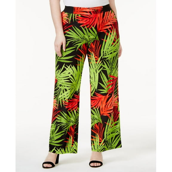 INC International Concepts Plus Size Printed Knit Wide Leg Pants Green 2X